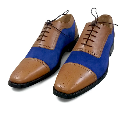 Crafted leather classic men brown blue suede leather oxford dress shoes - Thumbnail 3