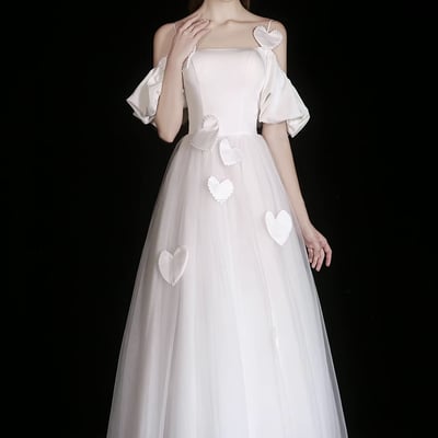 White spaghetti strap satin tulle tea length prom party dress - Thumbnail 1