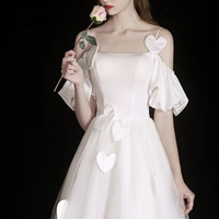 White Spaghetti Strap Satin Tulle Tea Length Prom Party Dress - Thumbnail 1