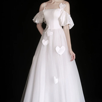 White Spaghetti Strap Satin Tulle Tea Length Prom Party Dress - Thumbnail 2