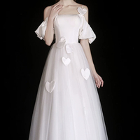 White Spaghetti Strap Satin Tulle Tea Length Prom Party Dress - Thumbnail 4