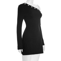 Solid color slant collar hollow ring slightly flared long sleeve off-shoulder dress - Thumbnail 2