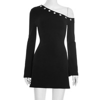 Solid color slant collar hollow ring slightly flared long sleeve off-shoulder dress - Thumbnail 4