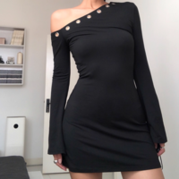 Solid color slant collar hollow ring slightly flared long sleeve off-shoulder dress - Thumbnail 5