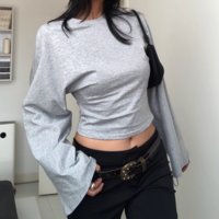 Simple and versatile long-sleeved solid color waist T-shirt - Thumbnail 2