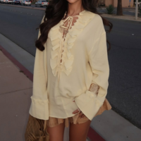 Pleated lace collar top palace style solid color long sleeve chiffon shirt - Thumbnail 5