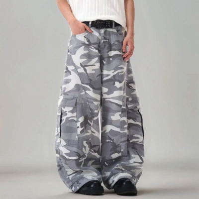 Gray camo curved cargo pants