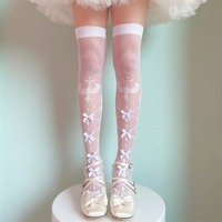 Goth Crisscross Print Knee High Socks Stockings With Bow Knots Detail - Thumbnail 1
