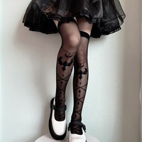 Goth Crisscross Print Knee High Socks Stockings With Bow Knots Detail - Thumbnail 5