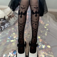 Goth Crisscross Print Knee High Socks Stockings With Bow Knots Detail - Thumbnail 6