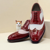 Crafted Leather Classic Men Burgundy White Leather Wingtip Oxford Lace up Dress Shoes - Thumbnail 1
