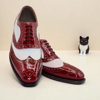 Crafted Leather Classic Men Burgundy White Leather Wingtip Oxford Lace up Dress Shoes - Thumbnail 2