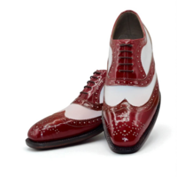 Crafted Leather Classic Men Burgundy White Leather Wingtip Oxford Lace up Dress Shoes - Thumbnail 3