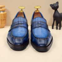 Crafted Leather Classic Men Blue Leather Moccasin Loafers Dress Shoes - Thumbnail 1