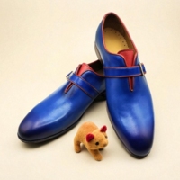 Crafted Leather Classic Men Blue Leather Monk Strap Dress Shoes - Thumbnail 2