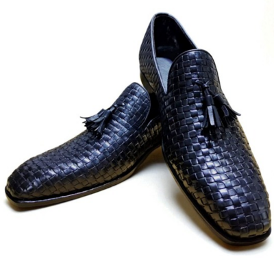 Crafted leather classic men black woven leather tassel loafers dress shoes - Thumbnail 2