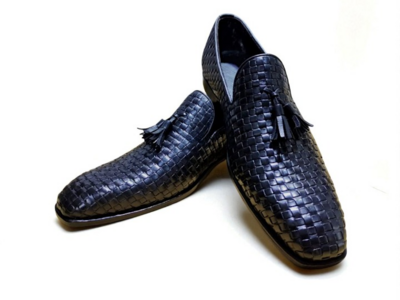 Crafted Leather Classic Men Black Woven Leather Tassel Loafers Dress Shoes