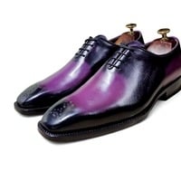 Crafted Leather Classic Men Purple Patina Black Shaded Leather Oxford Lace up Dress Shoes - Thumbnail 2