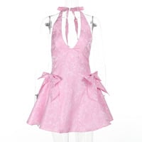 Sexy sleeveless halter neck jacquard V-neck jacquard bow celebrity style dress - Thumbnail 5