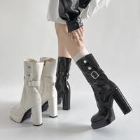 Chic Patent Leather Buckles Up Chunky Heeled Boots - Thumbnail 2