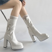 Chic Patent Leather Buckles Up Chunky Heeled Boots - Thumbnail 1