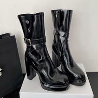 Chic Patent Leather Buckles Up Chunky Heeled Boots - Thumbnail 4