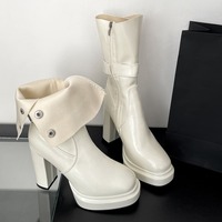 Chic Patent Leather Buckles Up Chunky Heeled Boots - Thumbnail 5