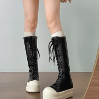 Round Toe Platform Lace Up High Boots - Thumbnail 4