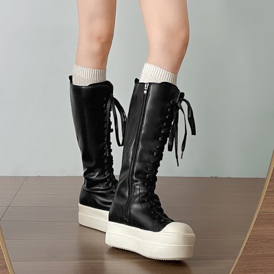 Round toe platform lace up high boots