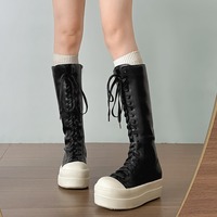 Round Toe Platform Lace Up High Boots - Thumbnail 1
