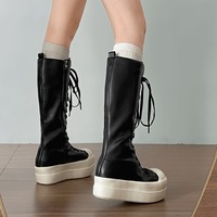 Round Toe Platform Lace Up High Boots - Thumbnail 2