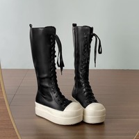 Round Toe Platform Lace Up High Boots - Thumbnail 5