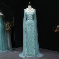  Luxury Dubai Aqua Lilac Mermaid Evening Dress with Cape Sleeve - Thumbnail 2