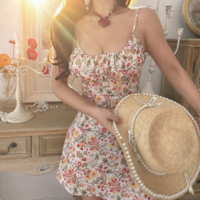 Retro holiday casual floral short A-line skirt suspender dress - Thumbnail 6