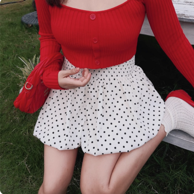 Casual Polka Dot Elastic Waist Puffy Flower Bud Skirt