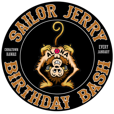 Sailor jerry birthday bash romeo circle design t-shirt // traditional cut (full-color on white or black fabric)