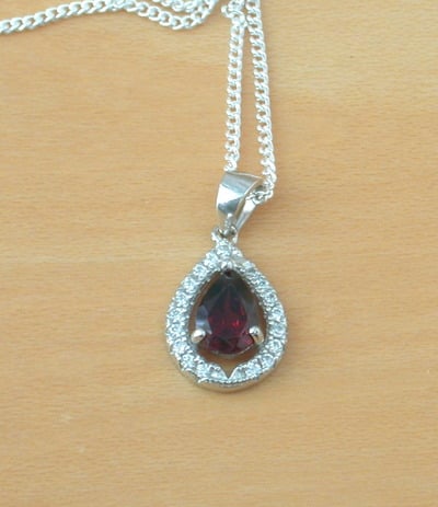Sterling Silver Garnet & Cz Pendant & 18" Silver Chain/Sterling Silver Garnet Necklace UK/Garnet Jewellery/Garnet Jewelry/January Birthstone