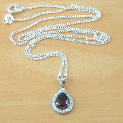 Sterling silver garnet & cz pendant & 18" silver chain/sterling silver garnet necklace uk/garnet jewellery/garnet jewelry/january birthstone