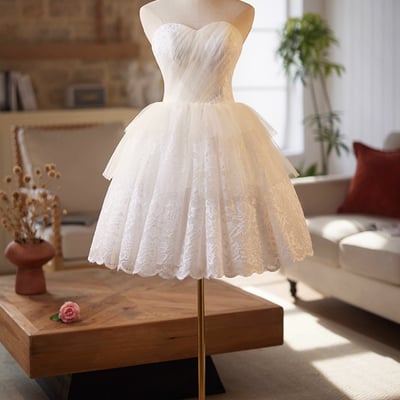 White tulle lace short a-line prom party dress - Thumbnail 1