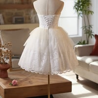White Tulle Lace Short A-Line Prom Party Dress - Thumbnail 4