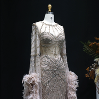  Beaded Mermaid Evening Dress with Feather Cape Sleeves  - Thumbnail 7