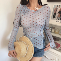 Sexy Polka Dot Print Long Sleeve T-shirt with Slit Cuffs - Thumbnail 5