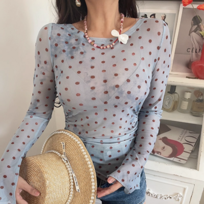 Sexy polka dot print long sleeve t-shirt with slit cuffs