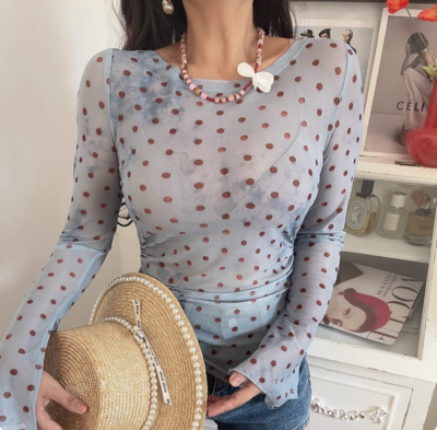 Sexy Polka Dot Print Long Sleeve T-shirt with Slit Cuffs
