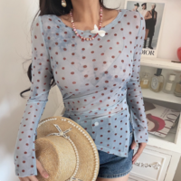 Sexy Polka Dot Print Long Sleeve T-shirt with Slit Cuffs - Thumbnail 6