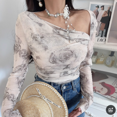 Sexy cross stitching oblique collar long sleeve printed casual t-shirt