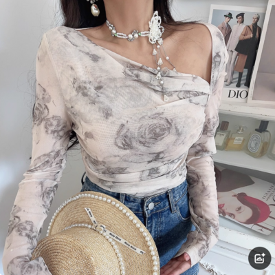 Sexy cross stitching oblique collar long sleeve printed casual T-shirt