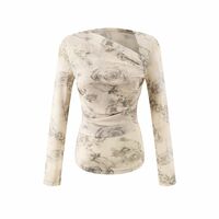 Sexy cross stitching oblique collar long sleeve printed casual T-shirt - Thumbnail 2