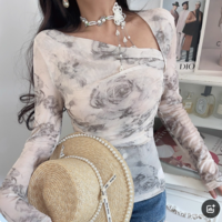 Sexy cross stitching oblique collar long sleeve printed casual T-shirt - Thumbnail 4