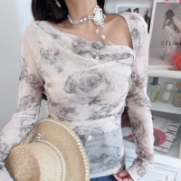 Sexy cross stitching oblique collar long sleeve printed casual T-shirt - Thumbnail 5